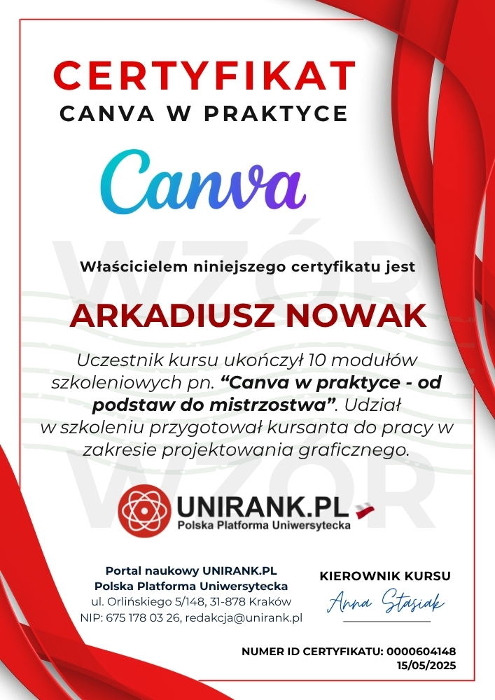 Wzór - certyfikat canva - kurs online
